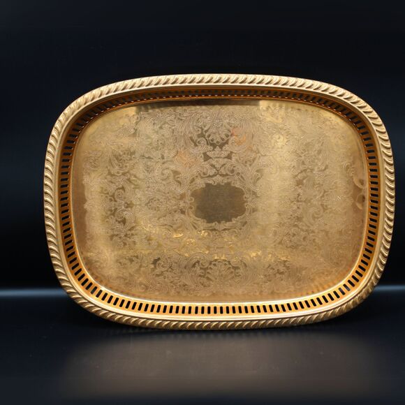 Vintage Copper Plated Tray Scroll Filigree Design Pattern Retro Kitchen Decor - Picture 5 of 7